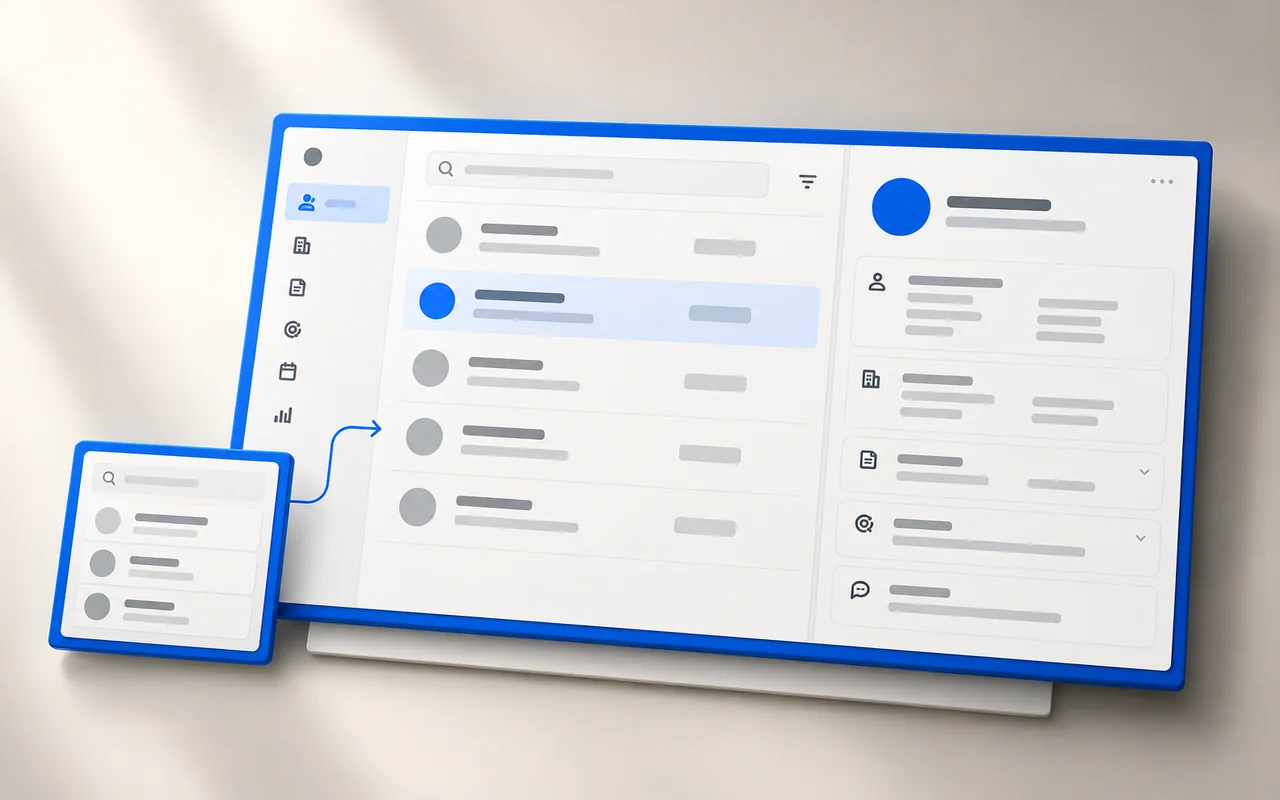 Illustration: Kontaktübersicht mit zugehöriger Detailansicht und angedeuteter Datenübernahme in eine CRM-Anwendung.
