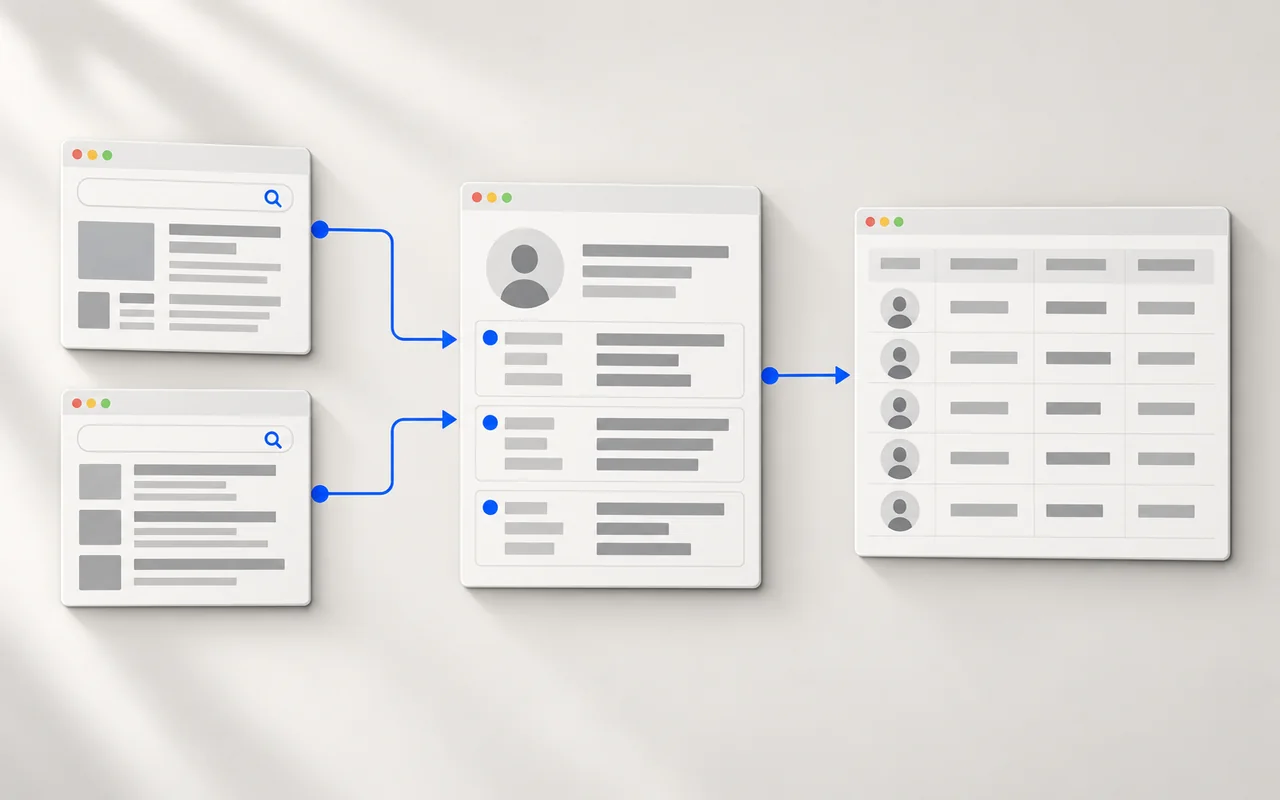 Illustration: Zwei abstrahierte Recherchequellen führen zu gruppierten Profilinformationen und einer strukturierten Ergebnisliste.
